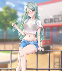 Rule 34 | 1girl, alternate costume, aqua hair, arm support, bang dream!, black bra, blue sky, blurry, blurry background, blush, bra, breasts, building, chair, closed mouth, cloud, collarbone, commentary request, cowboy shot, crop top, cutoffs, day, denim, denim shorts, green eyes, groin, hair between eyes, highres, hikawa sayo, holding, holding own hair, long hair, looking at viewer, medium breasts, midriff, navel, nose blush, on railing, outdoors, ptal, railing, see-through, shirt, short shorts, short sleeves, shorts, sidelocks, sitting, sky, solo, sparkle, t-shirt, table, tree, underwear, white shirt