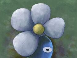 Rule 34 | black eyes, blue pikmin, blue skin, colored skin, commentary request, flower, green background, looking at viewer, naru (wish field), nintendo, no humans, one eye covered, pikmin (creature), pikmin (series), portrait, simple background, solo, straight-on, white flower