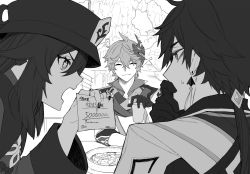 Rule 34 | 1girl, 2boys, coat, covering own mouth, cup, earrings, flower-shaped pupils, food, genshin impact, gloves, greyscale, hair between eyes, hand over own mouth, hat, holding, holding cup, hu tao (genshin impact), jewelry, long hair, long sleeves, mask, mask on head, monochrome, mountain, multiple boys, nail polish, open mouth, outdoors, receipt, ring, scarf, single earring, sweat, symbol-shaped pupils, table, tartaglia (genshin impact), tassel, tassel earrings, togatamaki, zhongli (genshin impact)