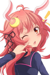 Rule 34 | !, 1girl, ahoge, animal ears, bad id, bad pixiv id, black ribbon, black sailor collar, blue shirt, blush, cheek poking, chestnut mouth, commentary request, crescent, crescent hair ornament, hair ornament, hair ribbon, kantai collection, long hair, long sleeves, looking at viewer, looking back, open mouth, out of frame, poking, rabbit ears, red eyes, red hair, ribbon, sailor collar, school uniform, serafuku, shirt, sills, simple background, solo focus, upper body, uzuki (kancolle), white background