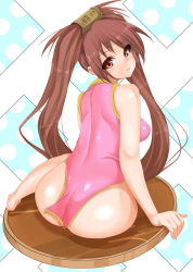 Rule 34 | 1girl, arc system works, ass, bare legs, bare shoulders, barefoot, blush, breasts, brown eyes, brown hair, china dress, chinese clothes, dress, efg, eyebrows, feet, guilty gear, hair ornament, highres, kuradoberi jam, large breasts, light blush, long hair, looking back, matching hair/eyes, red eyes, short dress, sitting, solo, very long hair