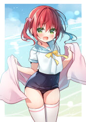 Rule 34 | 1girl, :d, blue sailor collar, blue sky, blush, bow, cloud, commentary request, covered navel, day, fang, green eyes, hair between eyes, hair bobbles, hair ornament, hanamiya natsuka, horizon, looking at viewer, ocean, old school swimsuit, open mouth, original, red hair, sailor collar, school swimsuit, shirt, short sleeves, sidelocks, sky, smile, solo, swimsuit, swimsuit under clothes, thighhighs, white shirt, white thighhighs, yellow bow