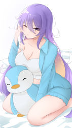 Rule 34 | 1girl, aura (aurapls), breasts, colored inner hair, highres, hololive, hololive indonesia, large breasts, long hair, messy hair, moona hoshinova, multicolored hair, on bed, one eye closed, pororo (moona hoshinova), purple eyes, purple hair, sitting, sleepy, solo, strap slip, stuffed animal, stuffed penguin, stuffed toy, virtual youtuber, wariza