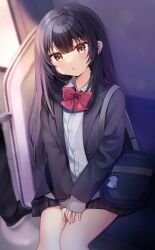 Rule 34 | 1girl, 1other, :o, absurdres, bag, black hair, black jacket, blazer, blurry, blurry background, brown eyes, cardigan, collared shirt, commentary request, depth of field, grey cardigan, grey skirt, hair between eyes, highres, jacket, long hair, long sleeves, looking at viewer, minami saki, open clothes, open jacket, original, parted lips, plaid, plaid skirt, pleated skirt, school bag, school uniform, shirt, sitting, skirt, sleeves past wrists, solo focus, train interior, very long hair, white shirt