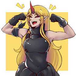 Rule 34 | 1girl, :d, arknights, arm ribbon, armor, arms up, bare arms, bare shoulders, black gloves, black ribbon, black shirt, blonde hair, breastplate, clenched hands, commentary, cosplay, crossover, english commentary, closed eyes, fangs, gloves, high collar, highres, horns, hoshiguma (arknights), hoshiguma (arknights) (cosplay), hoshiguma yuugi, long hair, mujib, name connection, open mouth, pointy ears, ribbon, shirt, single horn, sleeveless, sleeveless shirt, smile, solo, touhou, two-tone background, upper body, v-shaped eyebrows, very long hair, white background, yellow background