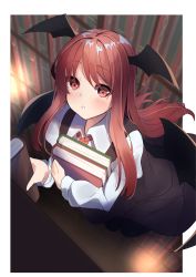 Rule 34 | 1girl, :o, bat wings, black pantyhose, black skirt, black vest, black wings, blurry, blush, book, hugging book, bookshelf, collared shirt, depth of field, dress shirt, floating, from above, head wings, highres, holding, holding book, juliet sleeves, koakuma, library, long hair, long sleeves, looking at viewer, low wings, necktie, hugging object, pantyhose, puffy sleeves, red eyes, red hair, red necktie, shirt, sidelocks, skirt, skirt set, solo, touhou, tsushi, vest, voile, white shirt, wings