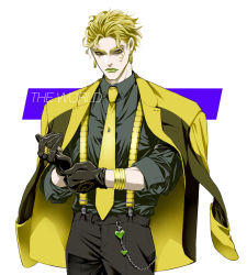 Rule 34 | 1boy, adapted costume, black gloves, black shirt, blonde hair, bracelet, contemporary, earrings, formal, gloves, green lips, heart, hermit purple, hierophant green, humanization, jacket, jacket on shoulders, jewelry, jojo no kimyou na bouken, kobayashi (oksk0x0), magician&#039;s red, male focus, necktie, red hair, ring, shirt, silver chariot, star platinum, stardust crusaders, suspenders, the world, yellow jacket