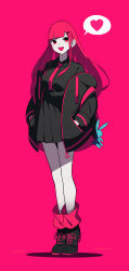 Rule 34 | 1girl, absurdres, black jacket, black skirt, boots, commentary request, fami (yellow skies), full body, hands in pockets, heart, highres, hime cut, jacket, long hair, long sleeves, looking at viewer, necktie, open clothes, open jacket, open mouth, original, pink background, pink hair, pink theme, pleated skirt, rabbit, simple background, skirt, smile, solo, spoken heart, standing, tiptoes