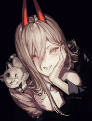 Rule 34 | + +, 1girl, animal, animal on shoulder, black background, black jacket, black necktie, breasts, cat, cat on shoulder, chainsaw man, closed mouth, collared shirt, commentary, cross-shaped pupils, demon horns, eyelashes, grin, hair between eyes, hand on own cheek, hand on own face, highres, horns, jacket, koshika rina, long hair, looking at viewer, medium breasts, meowy (chainsaw man), necktie, off shoulder, orange eyes, portrait, power (chainsaw man), resolution mismatch, sharp teeth, shirt, silver hair, simple background, smile, solo, source smaller, symbol-shaped pupils, teeth, twitter username, white shirt, wing collar