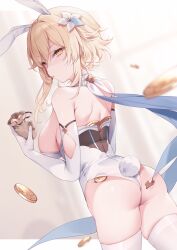 Rule 34 | 1girl, animal ears, ass, bare shoulders, blonde hair, blush, breasts, coin, commentary, detached collar, fake animal ears, flower, genshin impact, hair flower, hair ornament, highres, holding, large breasts, leotard, low neckline, lumine (genshin impact), mora (genshin impact), playboy bunny, pouch, rabbit ears, rabbit tail, short hair with long locks, shu bii, sideboob, sidelocks, solo, strapless, strapless leotard, tail, thighhighs, white flower, yellow eyes