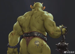 Rule 34 | 1boy, ass, ass tattoo, back, bara, bracelet, colored skin, facing away, from behind, green skin, horns, huge ass, jewelry, mace, male focus, male underwear lift, monster boy, muscular, muscular male, original, skin-covered horns, solo, spiked bracelet, spiked mace, spikes, strongman waist, thick thighs, thighs, tooboshoo, topless male, troll, weapon