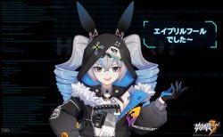 1girl :d animal_ears april_fools black_gloves black_jacket bronya_zaychik bronya_zaychik_(haxxor_bunny) drill_hair fake_animal_ears gloves grey_eyes grey_hair highres honkai_(series) honkai_impact_3rd jacket long_hair long_sleeves looking_at_viewer official_art open_mouth rabbit_ears smile solo translated twin_drills upper_body very_long_hair