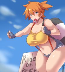 Rule 34 | 1girl, alternate breast size, ass, bare shoulders, blouse, blue eyes, blue shorts, breasts, collarbone, condom, condom in mouth, condom wrapper, creatures (company), cutoffs, denim, denim shorts, fingerless gloves, game freak, gloves, huge ass, konno tohiro, large breasts, midriff, misty (pokemon), mouth hold, navel, nintendo, one side up, orange hair, piercing, poke ball, pokemon, pokemon (anime), pokemon (classic anime), shirt, short hair, short shorts, shorts, simple background, sleeveless, sleeveless shirt, smile, solo, standing, stomach, suspender shorts, suspenders, sweat, tank top, tattoo, teasing, thighs, thumbs up, yellow shirt, yellow tank top