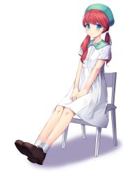 Rule 34 | 1girl, between legs, blouse, brown footwear, commentary request, full body, hair ornament, hand between legs, highres, jungki dr, long hair, looking at viewer, original, red hair, shirt, simple background, sitting, socks, solo, twintails, white background, white shirt, white socks