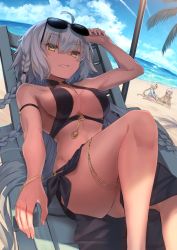 Rule 34 | 3girls, adjusting eyewear, ahoge, alternate costume, arm up, ass, bangle, bare arms, bare shoulders, beach, bikini, black-framed eyewear, black bikini, blonde hair, blue sky, bracelet, braid, breasts, chair, cleavage, cloud, cloudy sky, commentary request, contrail, day, fate/grand order, fate (series), grin, hairband, halterneck, hand on eyewear, highres, hopepe, jeanne d&#039;arc alter (swimsuit berserker) (fate), jeanne d&#039;arc (fate), jeanne d&#039;arc (ruler) (fate), jeanne d&#039;arc (swimsuit archer) (fate), jeanne d&#039;arc (swimsuit archer) (first ascension) (fate), jeanne d&#039;arc alter (fate), jeanne d&#039;arc alter (festival outfit) (fate), jeanne d&#039;arc alter santa lily (fate), jewelry, knee up, large breasts, long hair, looking at viewer, lounge chair, multiple girls, o-ring, o-ring bikini, ocean, official alternate costume, outdoors, reclining, sand castle, sand sculpture, sarong, silver hair, single braid, sky, smile, sunglasses, sunglasses on head, swimsuit, very long hair, yellow eyes