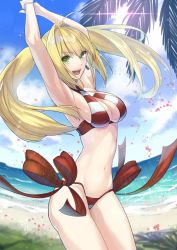 Rule 34 | 1girl, ahoge, armpits, arms up, beach, bikini, blonde hair, breasts, contrapposto, cowboy shot, criss-cross halter, day, fate/grand order, fate (series), fisheye, hair intakes, halterneck, highres, large breasts, long hair, looking at viewer, matsuharu (lip-mil), navel, nero claudius (fate), nero claudius (fate) (all), nero claudius (swimsuit caster) (fate), open mouth, outdoors, red bikini, side-tie bikini bottom, sidelocks, smile, solo, standing, striped bikini, striped clothes, swimsuit, teeth, twintails, white bikini