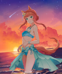 Rule 34 | 1girl, animal ears, bikini, blunt bangs, blunt tresses, bracelet, braid, braided bun, breasts, chinese commentary, cleavage, cloud, comet, commentary, crown braid, ear flower, flower, gradient sky, green bikini, green eyes, green sarong, groin, hair bun, highres, horse ears, horse girl, horse tail, jewelry, long hair, looking at viewer, making-of available, midriff, ocean, official alternate costume, official alternate hairstyle, orange hair, orange sky, plumeria, ribs, sarong, side-tie bikini bottom, sideboob, sidelocks, silence suzuka (emerald on the waves) (umamusume), silence suzuka (umamusume), sky, small breasts, solo, star (sky), starry sky, sun, sunlight rainbow alpaca, sunset, swimsuit, tail, turning head, umamusume, wading, wristband, yellow flower