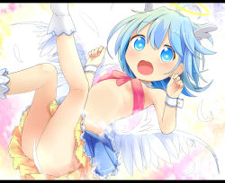 Rule 34 | 1girl, angel, angel wings, ass, bandeau, bare arms, bare legs, bare shoulders, blue eyes, blue hair, blush, breasts, convenient censoring, feathers, halo, head wings, legs up, looking at viewer, lying, makuran, matching hair/eyes, midriff, no panties, on back, open mouth, original, skirt, small breasts, solo, star-shaped pupils, star (symbol), strapless, symbol-shaped pupils, tube top, wings, wrist cuffs