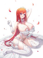 Rule 34 | 1girl, absurdres, areola slip, arm up, armpits, bare shoulders, blush, bow, bowtie, breasts, bride, cleavage, clothing cutout, covered navel, cutout below navel, dress, earrings, fins (pixiv29142276), frills, full body, garter straps, gloves, hand up, heart, heart cutout, high heels, highres, hongryeon (last origin), huge breasts, jewelry, last origin, long hair, looking at viewer, mole, mole under eye, nipples, official alternate costume, petals, pink bow, pink bowtie, purple eyes, red hair, revision, sitting, smile, solo, thighhighs, tiara, underwear, very long hair, wariza, white gloves