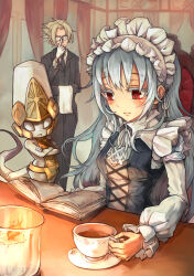 Rule 34 | 1girl, 2boys, black jacket, black necktie, black pants, black suit, blush, book, breasts, candle, chair, character request, cup, curtains, dress, formal, gloves, grey hair, headpiece, ico6, iron maiden jeanne, jacket, long hair, long sleeves, medium breasts, multiple boys, necktie, pants, reading, red eyes, ribbon, shaman king, shamash, smile, suit, table, tail, teacup, very long hair, white gloves, white hair, window