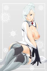 Rule 34 | 1girl, arm support, blue eyes, breasts, breasts out, gloves, grin, hair bun, jacket, jewelry, large breasts, leggings, navel, nipples, one eye covered, rwby, sinccubi, single hair bun, sitting, smile, solo, white hair, winter schnee