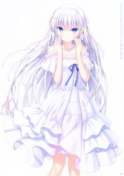 Rule 34 | 1girl, absurdres, blue eyes, blue ribbon, blush, closed mouth, copyright name, dress, flower, hair between eyes, hair flower, hair ornament, hair ribbon, highres, jewelry, long hair, looking at viewer, na-ga, naruse shiroha, necklace, off-shoulder dress, off shoulder, official art, page number, pink ribbon, ribbon, silver hair, simple background, solo, standing, summer pockets, sundress, very long hair, white background, white dress