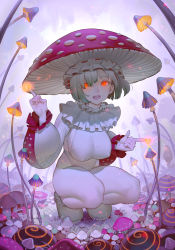 Rule 34 | 1girl, amanita muscaria (mushroom), blush, breasts, covered erect nipples, fly agaric, full body, glowing, glowing eyes, highres, index finger raised, large breasts, leotard, long sleeves, monster girl, mushroom, mushroom girl, mushroom hat, neck ruff, on ground, open mouth, original, outdoors, red eyes, short hair, sideboob, solo, squatting, thighs, timbougami, white hair, white leotard