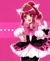 Rule 34 | 10s, 1girl, :d, aino megumi, animal ears, bad id, bad pixiv id, bell, black pantyhose, bow, cat ears, cat tail, fang, gloves, happinesscharge precure!, heart, jingle bell, kako (nkpak123), kemonomimi mode, open mouth, panther pink (precure), pantyhose, paw pose, pink background, pink bow, pink eyes, pink hair, pink theme, ponytail, precure, ribbon, short hair, sidelocks, skirt, smile, solo, tail, tiara, white skirt