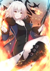 Rule 34 | 1girl, ahoge, banner, black dress, black footwear, blue cape, boots, breasts, cape, cleavage, dress, fate/grand order, fate (series), fire, fur trim, high heel boots, high heels, highres, holding, jeanne d&#039;arc (fate), jeanne d&#039;arc alter (fate), jeanne d&#039;arc alter (ver. shinjuku 1999) (fate), jewelry, john zhang, knee boots, looking at viewer, medium breasts, necklace, official alternate costume, parted lips, short dress, short hair, silver hair, smile, solo, yellow eyes