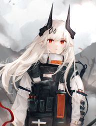 Rule 34 | 1girl, absurdres, arknights, armor, artist name, demon horns, explosive, grenade, grey sky, gupipy, hair ornament, highres, horns, long hair, looking at viewer, mudrock (arknights), no headwear, outdoors, pointy ears, pouch, red eyes, sky, solo, upper body, white hair