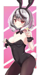 Rule 34 | 1girl, absurdres, animal ears, bare shoulders, batarop, black hair, black leotard, blush, breasts, cleavage, collarbone, covered navel, detached collar, fake animal ears, fake tail, hair ornament, highres, hololive, large breasts, leotard, long hair, looking at viewer, medium hair, multicolored hair, navel, pantyhose, playboy bunny, rabbit ears, rabbit tail, red eyes, sakamata chloe, silver hair, solo, strapless, strapless leotard, streaked hair, tail, tongue, tongue out, virtual youtuber, wrist cuffs, x hair ornament