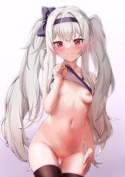 Rule 34 | 1girl, absurdres, bare arms, bare shoulders, black bow, black hairband, black thighhighs, blush, bottomless, bow, breasts, censored, closed mouth, collarbone, commission, cowboy shot, gradient background, grey hair, groin, hair bow, hair intakes, hairband, highres, lifting own clothes, long hair, looking at viewer, mosaic censoring, navel, original, pointy ears, purple background, pussy, simple background, small breasts, solo, sweat, thigh gap, thighhighs, twintails, very long hair, white background, wweed