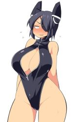 Rule 34 | 10s, 1girl, blush, breasts, cleavage, cleavage cutout, clothing cutout, eyepatch, front zipper swimsuit, headgear, highleg, highleg swimsuit, huge breasts, kantai collection, meme attire, one-piece swimsuit, purple hair, short hair, solo, swimsuit, tenryuu (kancolle), uccow, unzipped, yellow eyes, zipper
