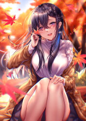 Rule 34 | 1girl, black skirt, blush, breasts, brown coat, coat, crossed bangs, earrings, falling leaves, feet out of frame, foliage, hair between eyes, hair over breasts, hand on own knee, high-waist skirt, highres, holding, holding leaf, ichinose uruha, jewelry, large breasts, leaf, leaf print, legs together, lips, long sleeves, looking at viewer, lupinus virtual games, maple leaf, maple leaf print, maple tree, off shoulder, open mouth, outdoors, pleated skirt, purple eyes, rairaisuruyo, sidelocks, skirt, smile, solo, sunlight, sweater, teeth, tree, tree shade, turtleneck, turtleneck sweater, upper teeth only, virtual youtuber, vspo!, white sweater