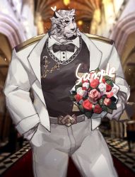 Rule 34 | 1boy, alternate costume, animal ears, arknights, bara, black vest, blurry, blurry background, bouquet, bow, bowtie, collared shirt, contrapposto, cowboy shot, flower, formal, furry, furry male, highres, holding, holding bouquet, jacket, light particles, looking to the side, male focus, mountain (arknights), muscular, muscular male, open clothes, open jacket, pants, pectorals, scar, scar across eye, scar on face, shirt, short hair, smile, solo, suit, tiger boy, tiger ears, tiger stripes, vest, white fur, white jacket, white pants, white shirt, white suit, yamariceball