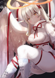 Rule 34 | 1girl, :o, angel, angel wings, boots, close-up, double halo, from below, hair between eyes, hair ornament, hair ribbon, halo, highres, leg ribbon, lens flare, long hair, looking at viewer, merc storia, michellia, neck ribbon, open mouth, ribbon, sitting, solo, white hair, white wings, wings, x hair ornament, yellow eyes, yufou