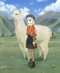 Rule 34 | 01 0219, 1girl, alpaca, animal, animal ears, ankle boots, boots, cloud, cross-laced footwear, day, expressionless, gloves, hat, high heel boots, high heels, highres, lace-up boots, llama, long hair, meadow, mountain, outdoors, pantyhose, pouch, scarf, skirt, solo, white hair