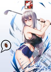 Rule 34 | 1girl, arknights, bare arms, bare shoulders, bishi (bishi), black tank top, blue shorts, blush, breasts, chinese commentary, cleavage, commentary request, cowboy shot, crop top, dolphin shorts, golf club, gradient background, grey background, hair between eyes, highres, holding, holding golf club, large breasts, long hair, low-tied long hair, midriff, navel, no headwear, partial commentary, red eyes, short shorts, shorts, silver hair, skadi (arknights), solo, standing, tank top, thighs, very long hair, water, white background