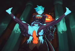 Rule 34 | 1boy, 1girl, ahoge, barefoot, black coat, black legwear, blue eyes, blue skin, blush, breasts, clothing request, coat, colored skin, commentary, gloves, glowing, halloween, hetero, highres, large penis, lifting person, long sleeves, looking at another, official alternate costume, orange skin, overwatch, overwatch 1, parted lips, penis, pussy, reaper (overwatch), reverse suspended congress, sex, sex from behind, sharp teeth, short hair, spread legs, suoiresnu, teeth, testicles, torn clothes, torn legwear, tracer (overwatch), uncensored, vaginal, white eyes
