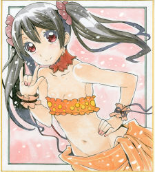 Rule 34 | 10s, 1girl, armpits, bare shoulders, bikini, black hair, blush, breasts, cleavage, closed mouth, hair ornament, hair scrunchie, hand on own hip, long hair, looking at viewer, love live!, love live! school idol project, lowleg, nagynagynagy, nail polish, navel, nico nico nii, pink nails, red eyes, scrunchie, small breasts, smile, solo, standing, strapless, swimsuit, traditional media, tube top, twintails, yazawa nico