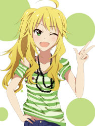 Rule 34 | 1girl, ahoge, bad id, bad pixiv id, badge, beads, blonde hair, button badge, green eyes, hand on own hip, hitotsuki nanoka, hoshii miki, idolmaster, idolmaster (classic), jewelry, long hair, necklace, off shoulder, one eye closed, open mouth, polka dot, polka dot background, shirt, smile, solo, striped clothes, striped shirt, upper body, v, wink