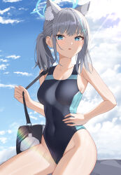 Rule 34 | 1girl, absurdres, animal ear fluff, animal ears, bag, black one-piece swimsuit, blue archive, blue eyes, blue sky, breasts, cloud, competition swimsuit, covered navel, cowboy shot, cross hair ornament, dong ja9502, extra ears, grey hair, hair ornament, halo, highres, low ponytail, medium breasts, medium hair, mismatched pupils, multicolored clothes, multicolored swimsuit, official alternate costume, one-piece swimsuit, shiroko (blue archive), shiroko (swimsuit) (blue archive), sitting, sky, solo, swimsuit, wolf ears