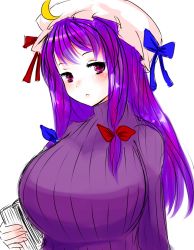 Rule 34 | 1girl, :&lt;, alternate costume, book, bow, breasts, crescent, female focus, hair bow, han (jackpot), hat, huge breasts, large breasts, long hair, patchouli knowledge, pink eyes, purple hair, ribbed sweater, solo, sweater, touhou
