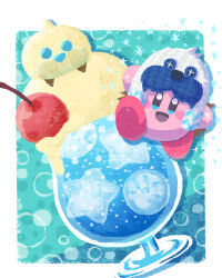 Rule 34 | blue eyes, blush stickers, cherry, commentary request, copy ability, drink, food, food focus, frosty ice kirby, fruit, highres, ice, ice cream, ice cream float, ice cube, kirby, kirby (series), miclot, mr. frosty, nintendo, no humans, open mouth, smile, snowflakes