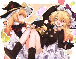 Rule 34 | 2girls, :d, \n/, azusa (cookie), balloon, black coat, black footwear, black gloves, black headwear, black vest, blonde hair, blush, boots, bow, braid, buttons, closed mouth, coat, commentary, cookie (touhou), everyda74953177, fang, food, fruit, full body, gloves, hair between eyes, hair bow, hat, hat bow, hat ornament, highres, holding, holding microphone, kirisame marisa, long hair, looking at viewer, looking back, mandarin orange, microphone, multiple girls, one eye closed, open mouth, orange eyes, purple bow, red star, rei (cookie), shirt, side braid, single braid, smile, star (symbol), star hat ornament, touhou, turtleneck, vest, white bow, white shirt, witch hat, yellow bow, yellow eyes