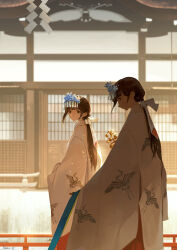 Rule 34 | 2girls, animal print, bell, bird, bird print, blurry, brown hair, commentary, crane (animal), day, depth of field, feet out of frame, hakama, han yijie, headgear, highres, japanese clothes, jingle bell, kagura suzu, long hair, long sleeves, looking at viewer, looking away, looking back, low ponytail, miko, multiple girls, original, ponytail, profile, railing, red hakama, shide, shinto, shrine, sidelocks, sliding doors, standing, sunlight, symbol-only commentary, temple, wide sleeves