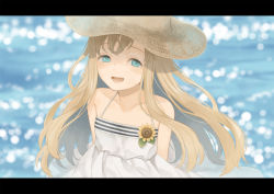 Rule 34 | 1girl, :d, blue eyes, blurry, blurry background, collarbone, day, dress, flower, hat, highres, letterboxed, long hair, looking at viewer, ocean, open mouth, original, original-orange-610917, outdoors, smile, straw hat, sun hat, sunflower, white dress