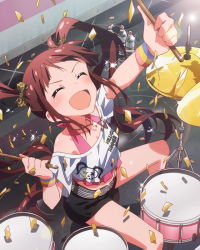 Rule 34 | 10s, ^ ^, closed eyes, drum, drum set, drumming, drumsticks, closed eyes, idolmaster, idolmaster million live!, instrument, long hair, matsuda arisa, official art, open mouth, ribbon, smile, solo, twintails