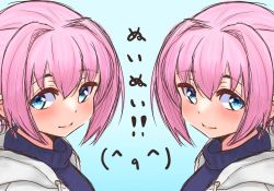 Rule 34 | 1girl, blue eyes, blue sweater, daichi (daiti1318), hood, hooded jacket, hoodie, jacket, kantai collection, looking at viewer, multiple views, official alternate costume, pink hair, shiranui (kancolle), short hair, sweater, symmetry, upper body, white jacket