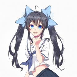Rule 34 | 1girl, :d, ahoge, arm at side, black hair, blue bow, blue eyes, blue skirt, bow, breasts, clenched hand, collarbone, eyelashes, hair between eyes, hair bow, hair ornament, hair ribbon, highres, long hair, looking at viewer, medium breasts, miniskirt, neck ribbon, neckerchief, open mouth, original, pink lips, pink ribbon, pleated skirt, qingchen (694757286), ribbon, round teeth, sailor collar, school uniform, serafuku, shirt, short sleeves, skirt, smile, solo, teeth, tongue, twintails, upper body, upper teeth only, white shirt